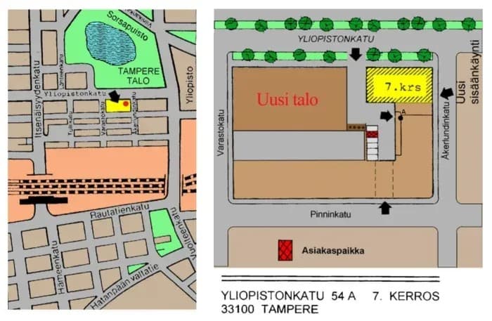 Kartta Yleiskopion sijainnista Yliopistonkatu 54 A:ssa, 7. kerroksessa, sisäänkäynti Åkerlundinkadulta